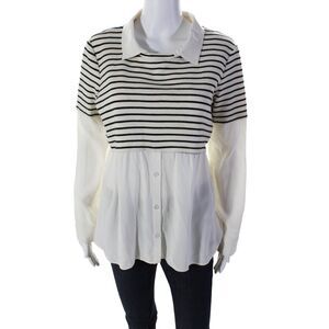 Drew Womens Striped Long Sleeves Crew Neck Sweater White Black Wool Size Large